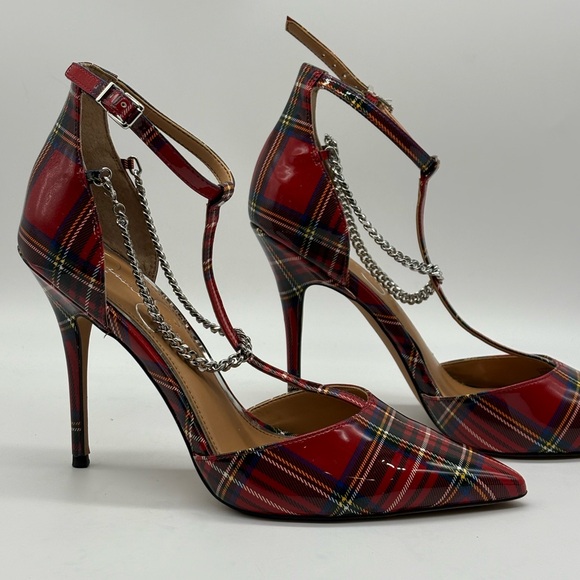 Jessica Simpson Red Plaid Heels with Chain Detail - Picture 5 of 7